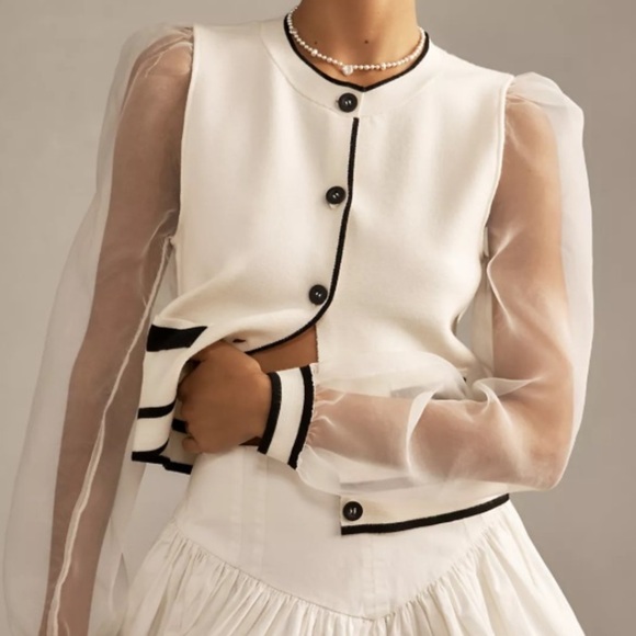 Maeve Sweaters - Maeve Organza-Sleeve Cardigan Sweater, at Anthropologie